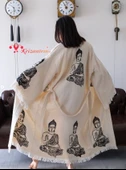 Bornoz ,Plaj Kıyafeti,Kimono , Kaftan ,Sabahlık Siyah Buda Desen Baskılı - 4