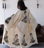 Bornoz ,Plaj Kıyafeti,Kimono , Kaftan ,Sabahlık Siyah Buda Desen Baskılı - 3