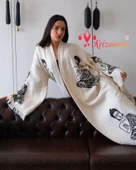 Bornoz ,Plaj Kıyafeti,Kimono , Kaftan ,Sabahlık Siyah Buda Desen Baskılı - 5
