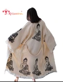 Bornoz ,Plaj Kıyafeti,Kimono , Kaftan ,Sabahlık Siyah Buda Desen Baskılı - 7