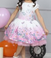 Kız Çocuk Kelebek Baskılı Dantelli Pembe Elbise - 4