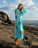 Bornoz ,Plaj Kıyafeti,Kimono , Kaftan ,Sabahlık  Turkuaz Kumaş Turuncu Nazar Göz Baskılı - 12