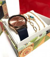 K.Atatürk İmzalı Lacivert Deri Kordonlu Kadın Kol Saati Seti MG1970 - 1