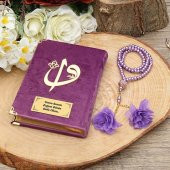 Kişiye Özel Hediye Kadife Kaplı Kuran-ı Kerim Lila, İnci Tesbihli Hediyelik - 3