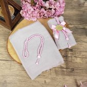 Hediyelik Şal, Kokulu Tesbih, Kişiye Özel İsim Pleksi, Kurdela İle Süslenmiş - Pembe - 2