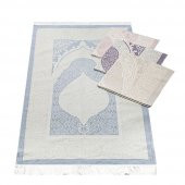 Hediyelik İpek Nur Seccade, İnci Tesbih, Pamuklu Şal, Asetat Kutulu (26×23) Set Mavi - 2