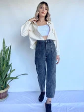 Kadın Gri Önü Nervürlü Tasarım Kot Pantolon thumbnail 4