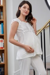 BONE CLUB 4520 ECRU HAMİLE LOHUSA DANTELLİ LOHUSA PİJAMA TAKIMI - 3