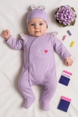 3-6 Ay Kız Bebek Tulumu Kelebek Omuz Detay Şapkalı Lila - 1