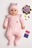 3-6 Ay Kız Bebek Tulumu Kelebek Omuz Detay Şapkalı Pembe - 3