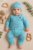 3-9 Ay Kollu Düğme Detay Unısex Bebek Tulumu Mavi thumbnail 1