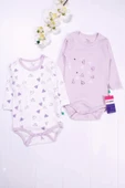 3-12 Ay Kalp Uzun Kol 2'li Kız Bebek Body Seti Lila - 1