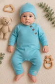 3-9 Ay Kollu Düğme Detay Unısex Bebek Tulumu Mavi thumbnail 3