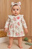 3-12 Ay Çiçek Fiyonk Bandanalı Kız Bebek Elbisesi Pembe - 1