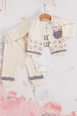 3-9 Ay Kız Bebek Alt&Üst Takımı Kedi 3'lü Hırkalı Krem thumbnail 2