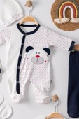 3 Ay Puanlı Ayıcık Nakışlı Tulumlu Erkek Bebek 5'li Set Lacivert - 3
