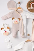 3 Ay Ayıcık Nakışlı Tulumlu Erkek Bebek 5'li Set Kahverengi - 2
