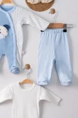 3 Ay Ayıcık Nakış Tulumlu Erkek Bebek 5'li Set Mavi - 2
