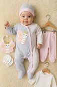 3 Ay Kelebek Nakışlı Tulumlu Kız Bebek 5'li Set Gri - 1