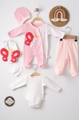 3 Ay Kelebek Nakışlı Puanlı Tulumlu Kız Bebek 5'li Set Pembe thumbnail 5