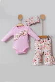 3-12 Ay Kız Bebek Takımı Çiçek Fiyonklu 3'lü Pembe thumbnail 1