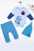 3-12 Ay Erkek Bebek Takımı Cep Nakışlı Bear 3'lü Mavi - 3