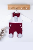 3-9 Ay Erkek Bebek Tulumu Kravat Aksesuarlı Ayaklı Bordo thumbnail 1