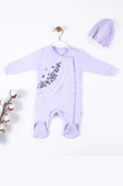3-9 Ay Kız Bebek Tulumu Çiçek Nakışlı Şapkalı Lila - 3