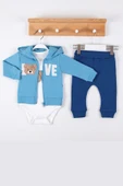 3-12 Ay Erkek Bebek Takımı Love Bear Nakış Hırkalı 3'lü Mavi thumbnail 3
