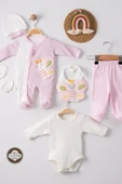 3 Ay Kelebek Nakış Puanlı Tulumlu Kız Bebek 5'li Set Pembe - 1