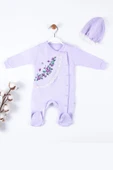 3-9 Ay Kız Bebek Tulumu Çiçek Nakışlı Şapkalı Lila - 1