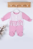 3-9 Ay Kız Bebek Tulumu Gofralı Fransız Güpürlü Pembe - 3