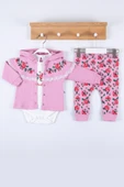3-12 Ay Flover Nakışlı Hırkalı 3'lü Kız Bebek Takımı Pembe - 1