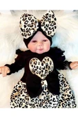3-9 Ay Kız Bebek Tulum Leopar Fiyonklu Siyah - 2