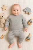 3-18 Ay Erkek Bebek Takımı Bear Gofre Kabartmalı 2'li Gri thumbnail 1