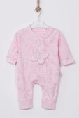 3-9 Ay Kız Bebek Tulumu Kelebek Nakışlı Ayaklı Pembe thumbnail 2