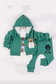 Yeni Doğan 3-6 Ay Erkek Bebek Takımı Bear Nakışlı Kapişonlu Yeşil thumbnail 1