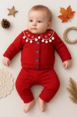 3-12 Ay Çiçek Kız Bebek Takımı Düğmeli Bandanalı Kırmızı - 2