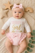 3-6 Ay Kız Bebek Alt&Üst Takımı Daddy's Girl Bandanalı Pembe - 2