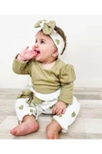 3-18 Ay Bandana Kız Bebek Takımı Kalpli 3'lü Waffle Yeşil - 1