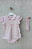 3-9 Ay Bebek Yaka Çiçek İşlemeli Bandanalı Badi Pembe - 1