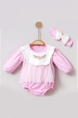 3-12 Ay Çiçek Nakışlı Tüllü Bandanalı Kız Bebek Romper Pembe - 2