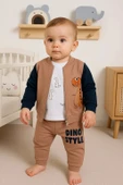 3-18 Ay Erkek Bebek Takımı Dinazor Hırkalı 3'lü Kahverengi thumbnail 5