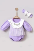 3-12 Ay Çiçek Nakışlı Tüllü Bandanalı Kız Bebek Romper Lila thumbnail 2