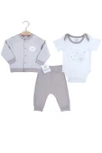 3-12 Ay Erkek Bebek Takımı Çizgili Bear Hırkalı Gri thumbnail 1