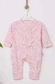 3-9 Ay Kız Bebek Tulumu Kelebek Nakışlı Ayaklı Pembe thumbnail 5