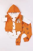 3-9 Ay Erkek Bebek Takımı Bear Nakışlı Yelekli 3'lü Turuncu thumbnail 1
