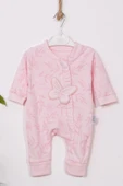 3-9 Ay Kız Bebek Tulumu Kelebek Nakışlı Ayaklı Pembe thumbnail 1