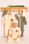 3-6 Ay Açık Kahve Leopar Kız Bebek 4'lü Tulum Seti Kahverengi - 4