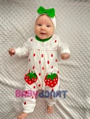 3-9 Ay Çilek Modelli Kız Bebek Tulumu Beyaz - 1